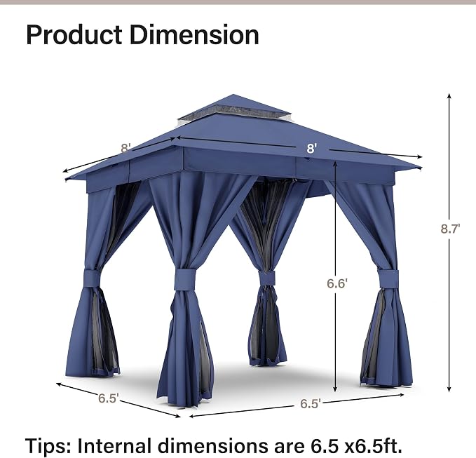 8'x8' Outdoor Gazebo, Metal Frame Heavy Duty Patio Canopy Tent Shelter - Image 2