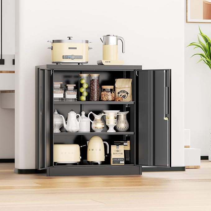 INTERGREAT Steel Storage Cabinet with Lock, Lockable Metal Storage Cabinets with 2 Adjustable Shelves, Black Counter Height Garage Cabinet