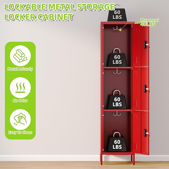 Aobabo 16" W 3 Door Metal Storage Locker with Lock, 66" H Steel Locker with Name Card Holder and Metal Hook for School, Home, Office, Playroom, Assembly Required, Red