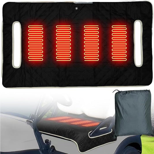 Universal Heated Golf Cart Seat Cover - Waterproof Golf Cart Heater Accessory w/ 4-Zone Warmth, 3 Heat Levels, USB/Type-C & 12V Plug for EZGO/Yamaha/Club Car (Black)
