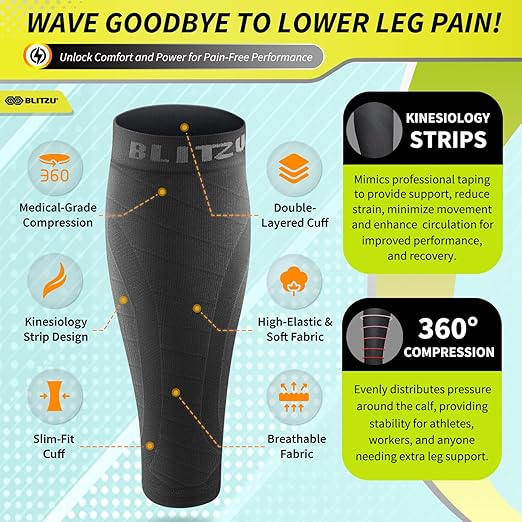 BLITZU 3 Pairs Calf Compression Sleeves for Men and Women. Footless Compression Socks & Leg Support for Running, Travel, Nursing, Fitness. Shin Splints Pain Relief & Reduce Swelling Black 4XL