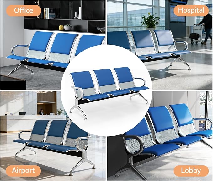 Kinfant Blue 5-Seat Waiting Room Chairs with Arms – Heavy-Duty Steel Frame PU Leather Back & Cushioned Seat, Ergonomic Office Reception Guest Chair for Lobby, Clinic, Airport