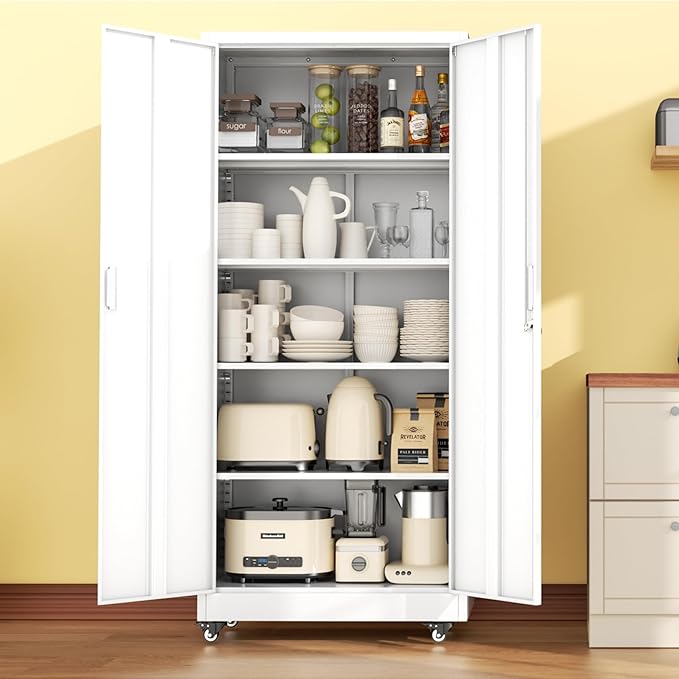INTERGREAT Metal Storage Cabinet with Wheels, 73" H Rolling Metal Cabinets with Doors and Shelves, White Steel Lockable Cabinet on Wheels for Garage Storage