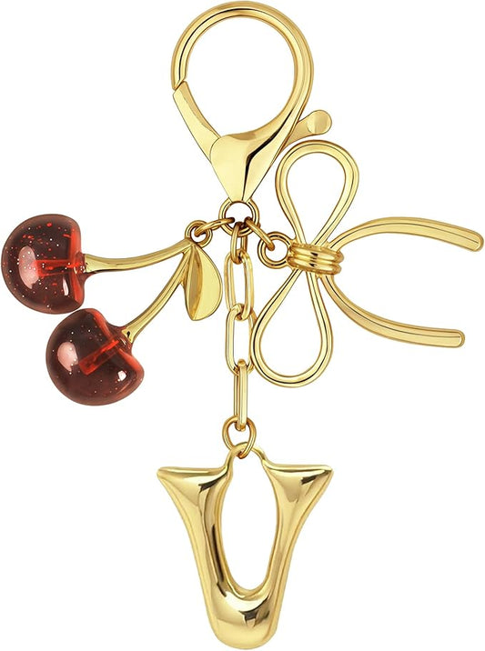 Gold Bubble Heart, Cherry, Bow & More Designs Letter Initial Keychain Bag Charms – Cute Purse Charms for Handbags