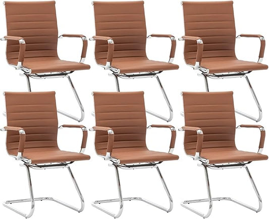 CIMOTA Waiting Room Chairs Set of 6 Leather Office Guest Chair Mid Back Reception Chairs with Sled Base for Meeting/Patient/Conference Room, Coffee, 6PCS