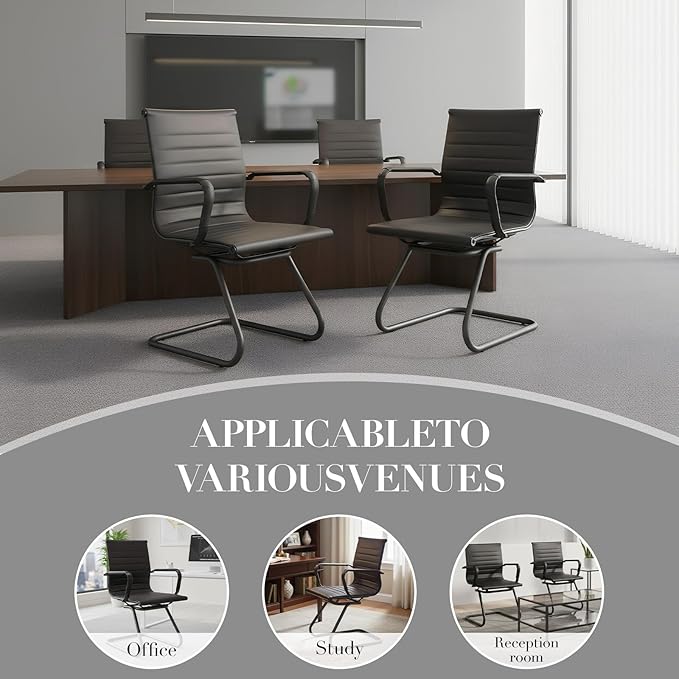 CIMOTA Waiting Room Chairs Leather Office Guest Chair Mid Back Reception Chairs with Sled Base for Meeting/Patient/Conference Room, Retro Black Set of 6