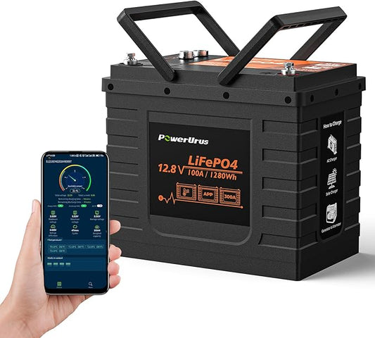 12V 100Ah LiFePO4 Battery, PowerUrus 12V 100Ah BCI Group24 LiFePO4 Lithium Battery with APP, 100A BMS, 4000+ Deep Cycle LiFePO4 Battery,12V Lithium Iron Phosphate Battery for RV, Solar, Trolling Motor