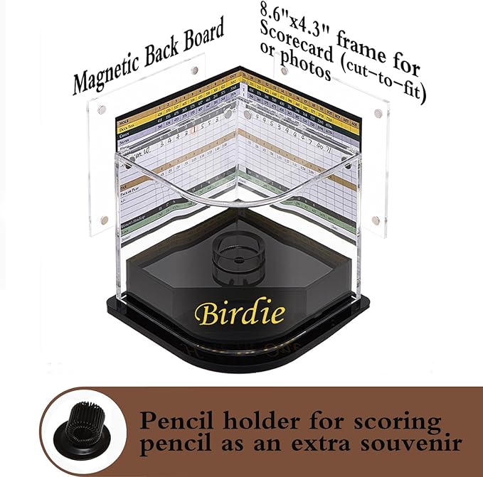Golf Ball Display Case for Birdie. Black Ball Throne with Golden Stamp. 2X Background Frames on Each Side of Cambered Cover. Pencil Holder, Adhesive Dots are All Included, No Assembly