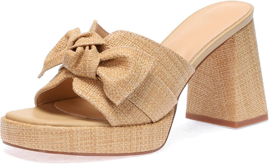 Monrovia Womens Sandals Heels for Women Slide On Block Chunky Platform High Heels Open Toe Raffia Wedge Sandals