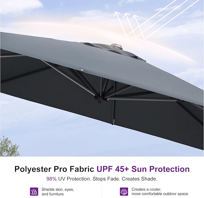 PURPLE LEAF Patio Umbrella Outdoor 10' x 10' Square 360° Rotation Grey | - Image 5