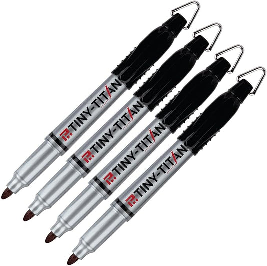 Tiny-Titan Mini Markers, Permanent Ink, Keychain Clip, Greart For Marking Golf Balls, Clip On Nurse's Badge, Works On Plastic, Wood, Metal & Glass - Fine Point - BLACK Ink - 4 Pen Pack