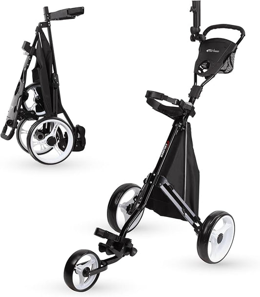 PRECISE Cruiser 3-Wheel Golf Push Cart with Stabilizer Rods & Foot Brake – Lightweight Folding Golf Trolley with Ergonomic Handle, Detachable Storage Bag & Scorecard Holder