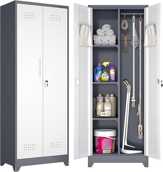 GREATMEET 65" H Broom Closet, Broom Closet Cabinet with Pegboard and Hanging Rod, Cleaning Tool Storage Cabinet, Tall Metal Utility Closets with Locking Doors for Bathroom, Garage