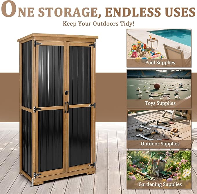 Outdoor Storage Cabinet Weatherproof, Wood & Metal Shed - Image 6