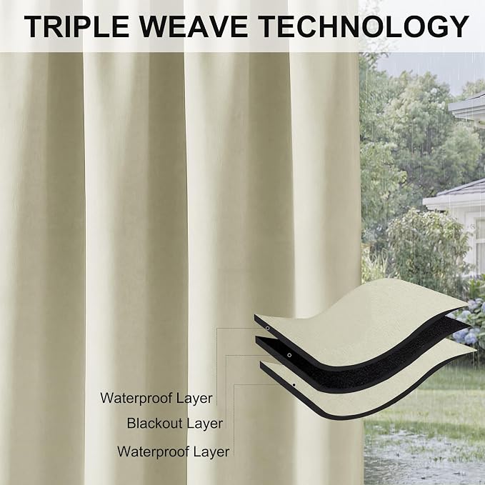 RYB HOME Extra Wide Outdoor Curtains 2 Panels or Patio Waterproof | Blackout - Image 7