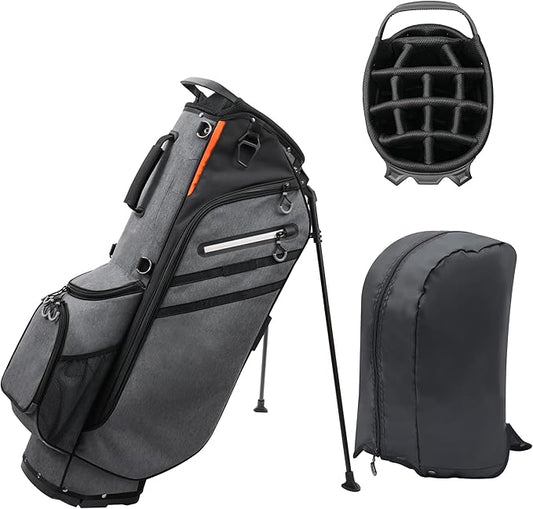 Golf Stand Bag 14 Way Full-Length Dividers with Stand, Lightweight Golf Bag for Men, 7 Pockets, Dual Strap, Rain Hood, Portable Golf Club Bag for Men Women, Gray/Black