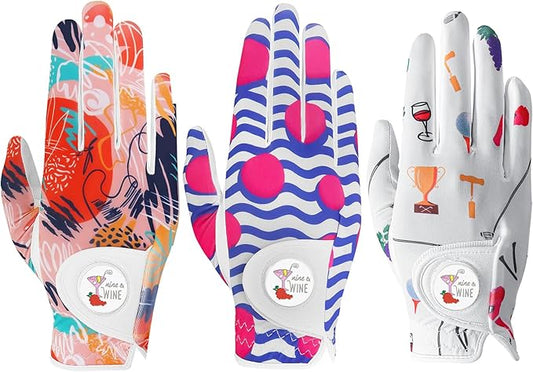 Golf Gloves Women with Ball Marker 2 Pack, Right Handed Golfer Left Hand, Ladies Breathable Soft All Weather Grip Glove Fit Size Small Medium Large XL