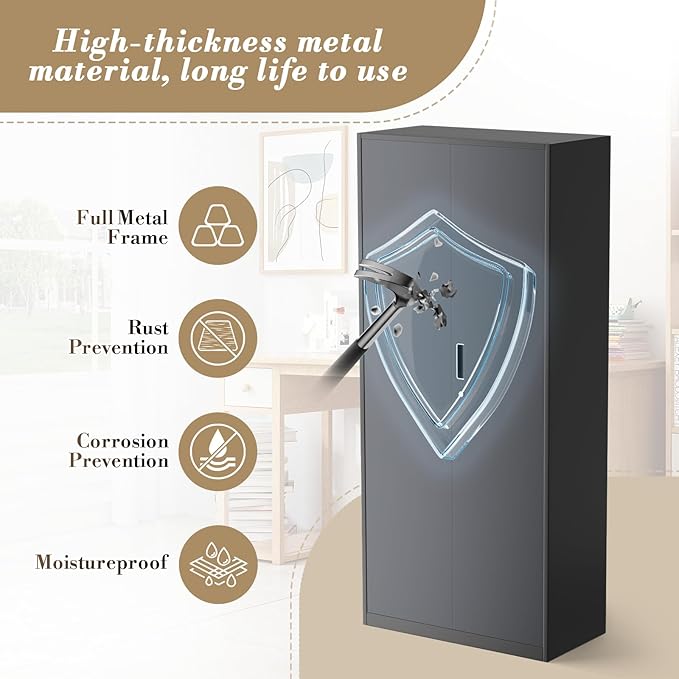 Athena Collection 71" Tall Metal Storage Cabinet with 2 Doors and 6 Ajustable Shelves, Garage Storage Cabinet for Files, Tools, Home Offcie, School, Garage, Pantry, Grey Black