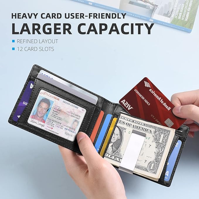 Zitahli Money Clip Wallets for Men,Slim Bifold Wallet 10-12 Cards, Mens Leather Wallet with ID Window,RFID Blocking Thin Minimalist Credit Card Holder,Gifts for Him