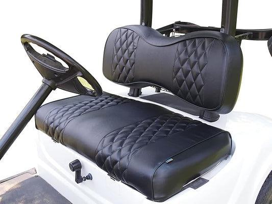 Huskey 2PCS Golf Cart Front Seat Covers for for EZGO Freedom TXT 2014+, Valor Custom Two-Tone Black Diamond Stitching with Black Piping, Marine Grade Vinyl, Staple on Design