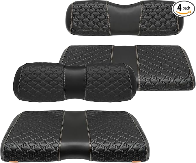 Golf Cart Front and Rear Seat Covers Waterproof and Sun Resistant Marine Grade Vinyl Leather Seat Cover Accessories for EZGO RXV 2008+, Black(4PCS)