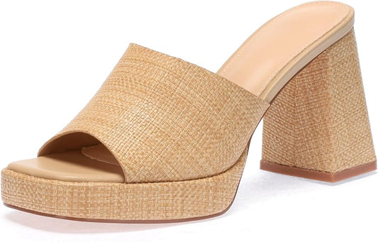 Monrovia Womens Sandals Heels for Women Slide On Block Chunky Platform High Heels Open Toe Raffia Wedge Sandals