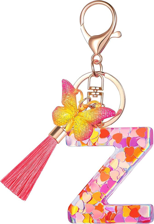 Suweibuke Colourful Cute Initial Letter Keychains for Women Girls with Tassel Butterfly, Charm for Purse Handbags Backpacks