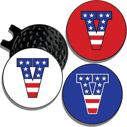 Wolf Golf Towels Golf Ball Marker Hat Clip | USA Monogram | 1 Magnetic Clip + 3 Ball Markers | Patriotic Golf Accessories for Men & Women