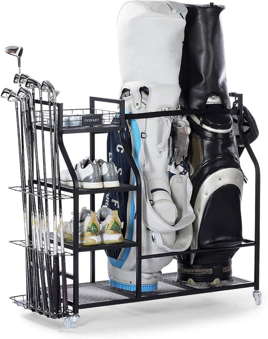 A11N SPORTS Golf Bag Stand for Garage with 4 Hooks & Club Holder, Golf Organizer for 2 Bags, Rolling Storage Rack with Wheels, Heavy-Duty All-Metal Frame