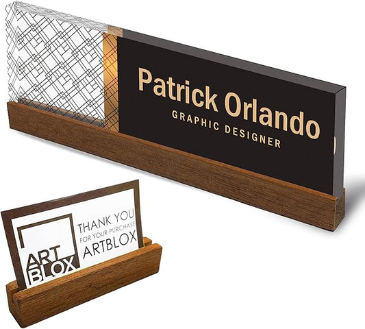 Artblox Personalized Office Desk Name Plate and Business Card Holder | Clear Acrylic Glass with Teak Wood Stand | Abstract Net Design Customized with Your Name and Credentials Office Desk Décor