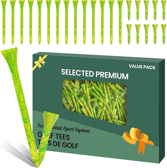 Golf Tees Styllish Bamboo Wooden Coloured Painted 50 Pack, 2 3/4 or 3 1/4 Inch Tee with 10 More Short 1 1/2 Inch Driving Range Tees, Enhanced Visibility Pink Green for Men Women