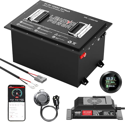 48V 105Ah Lithium Golf Cart Battery, Built-in Smart 250A BMS with Round LCD Dispaly & Mobile APP, 6000+ Cycles Rechargeable LiFePO4 Battery, Max 12.8kW Power Output, Perfect for Golf Carts