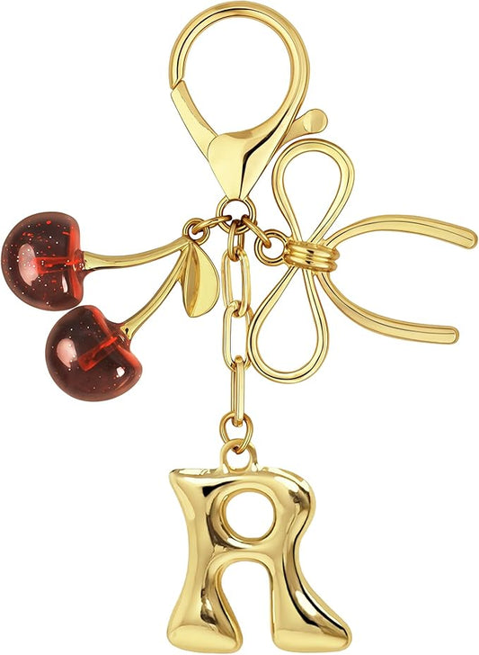 Gold Bubble Heart, Cherry, Bow & More Designs Letter Initial Keychain Bag Charms – Cute Purse Charms for Handbags