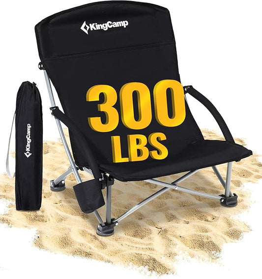 KingCamp Low Beach Chairs, Folding Portable Chair for Adults Lightweight Extra Wide Seat 300lbs Heavy Duty Oversized Backpack, Carry Bag for Camping