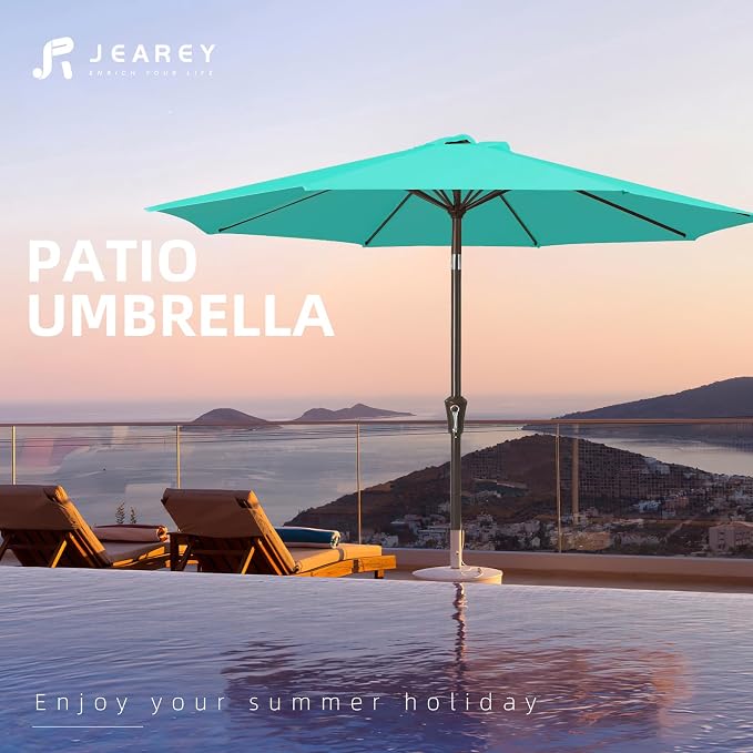 JEAREY 10 ft Outdoor Patio Umbrella w/Tilt and Crank, Auqa Sky | 8 Sturdy Ribs - Image 7
