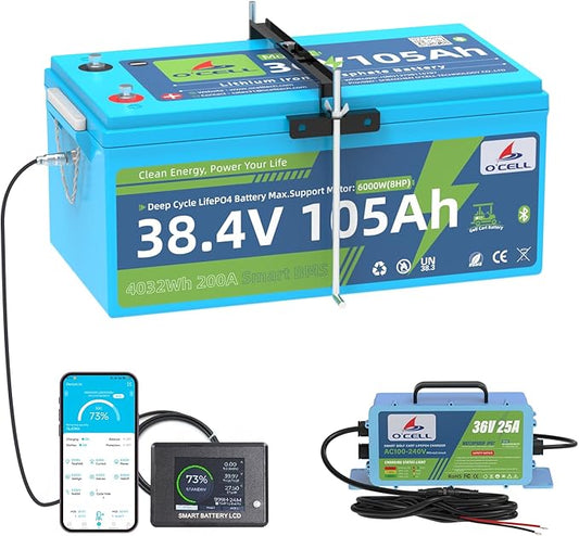 O'CELL 36V 105Ah LiFePO4 Golf Cart Battery+Mounting Bracket, 10+ Year Lifespan, 38.4V 4032Wh Lithium with 200A BMS, 4.9'' LCD/Bluetooth, 36V 25A Charger IP67 - Fit Club Car, EZ GO, Yamaha, Lawn Mower
