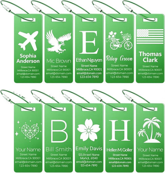 10 Personalized Metal Luggage Tags, Custom Suitcase Aluminum Name Tags with Steel Ring, Laser Engraved Name and Logo, for Travel, Backpack, Baggage, Golf Bag (Green)