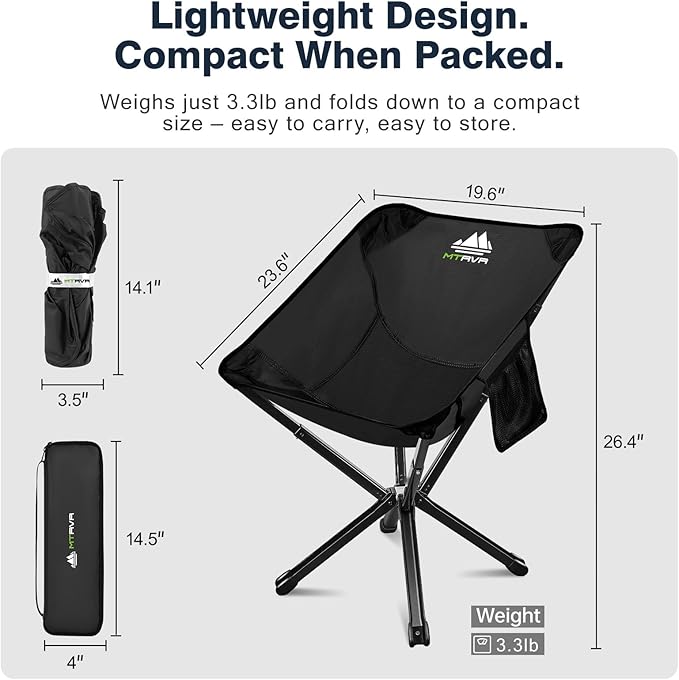 Lightweight Folding Camping Chair — 3.3 lb Compact Portable Design, One-Piece No Assembly Structure, Aluminum Frame, Easy Carry Chair for Travel, Hiking, Camping & Beach
