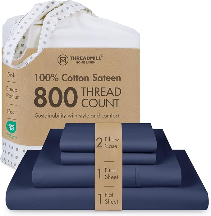 Threadmill Luxury 800 Thread Count Full Size 100% Cotton Sheets - Folkstone Blue Sateen Weave Bed-Sheets, Better Than Egyptian Cotton, 4 Pc Solid Bed Set, Fits 16" Deep Pocket