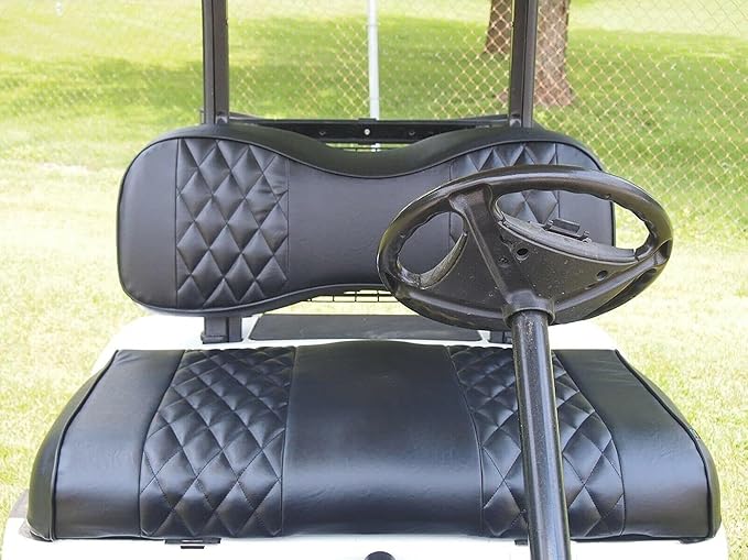 Huskey 2PCS Golf Cart Front Seat Covers for EZGO RXV 2008-UP G&E Models Custom Two-Tone Black Diamond Stitching with Black Piping, Marine Grade Vinyl Material, Staple on Design