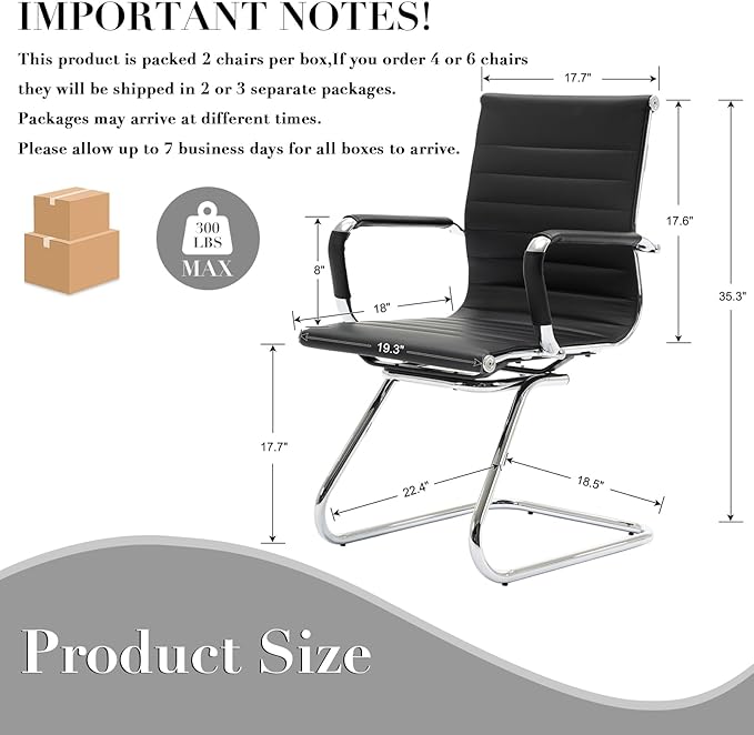 CIMOTA Waiting Room Chairs Leather Office Guest Chair Mid Back Reception Chairs with Sled Base for Meeting/Patient/Conference Room, Black Set of 6