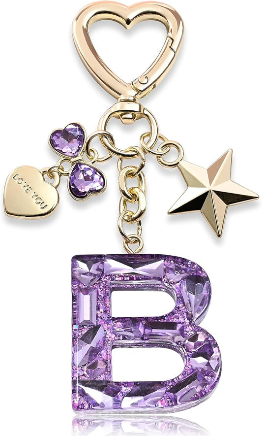 Cute Bling Keychain initial Letter Butterfly Star Pink Purple Gift for Women Girls Bag Cup Charms Accessories