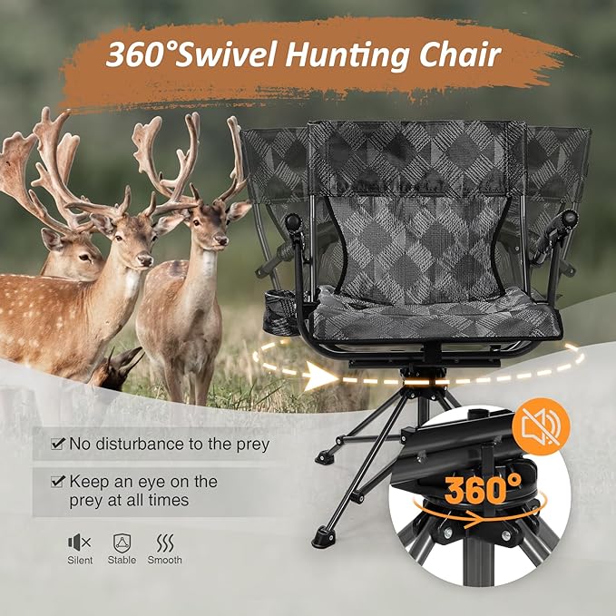 REDCAMP 360° Swivel Hunting Chairs for Ground Blinds, Portable Folding Camping Chairs for Adults Hunting Seats with Hard Arms for Fishing Camping, Black
