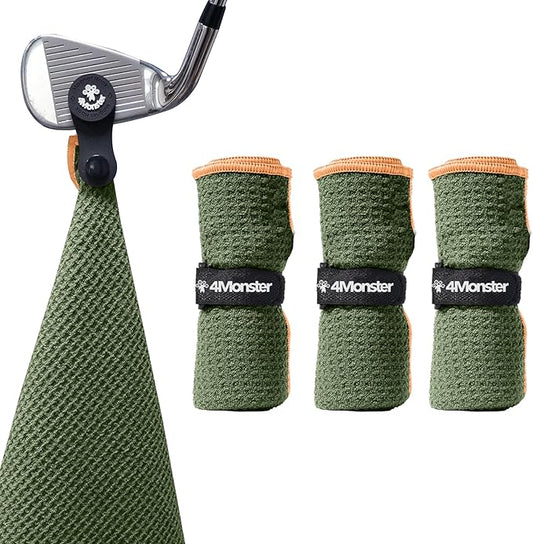 4Monster Golf Towels 3-Pack with Detachable Magnet and Portable Pouch, Quick-Dry Microfiber Golf Towel Set for Golf Bags,Custom Towel Gifts for Men or Women (3, Rifle Green)