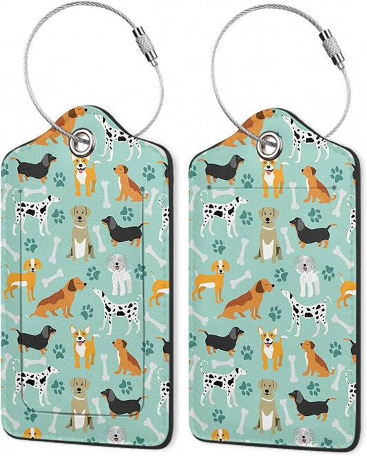 2 Pack Luggage Tags,Leather Suitcase Tags with Privacy Cover Name Address Labels& Durable Steel Loop for Men/Women Travel Bag Suitcases(Cute Dog)