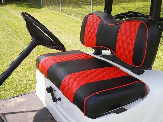 Huskey 4PCS Golf Cart Front/Rear Seat Covers for EZGO RXV 2008-UP G&E Models Custom Two-Tone Black/Red Diamond Stitching with Red Piping, Marine Grade Vinyl Material, Staple on Design