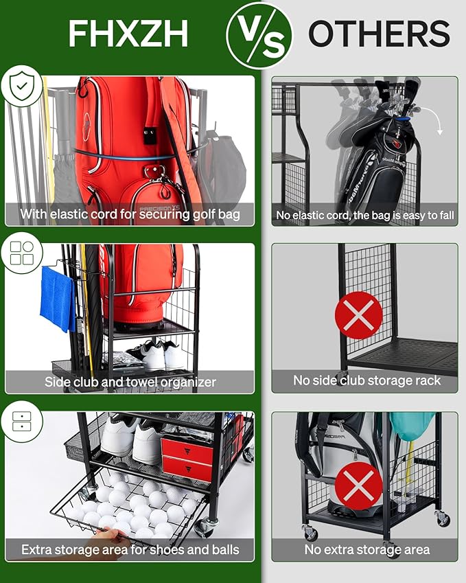 Golf Bags Storage Garage Organizer - Golf Bag Stand Fit Single Golf Bags, Golf Clubs, and Golf Equipment Accessories, Golf Bag Storage Rack with Wheels for Garage, Club, Shed, Basement