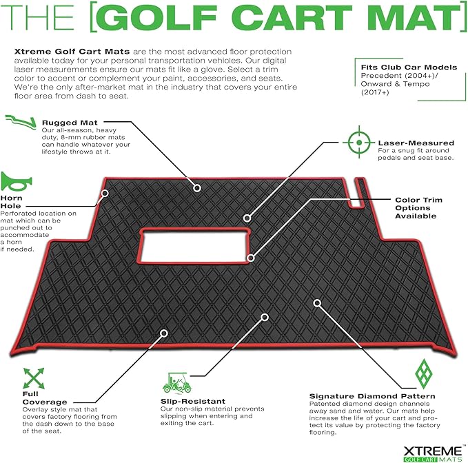 Xtreme Mats Club Car Compatible Golf Cart Mat, Full Coverage Rubber Floor Liner - Fits Club Car Models Precedent (2004-2025)/Onward & Tempo (2017-2025)/Villager & V4L (2019-2024) - Grey Trim