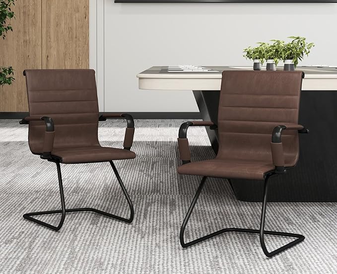CIMOTA Waiting Room Chairs Set of 2 Leather Office Guest Chair Mid Back Reception Chairs with Sled Base for Meeting/Patient/Conference Room, Retro Brown, 2PCS