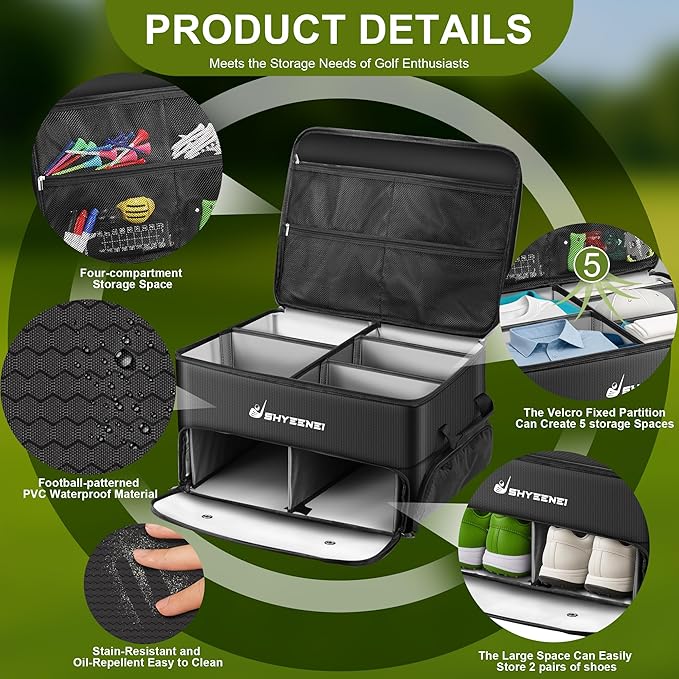 Golf Trunk Organizer, Improved Version 2-Layer Golf Storage Locker, with Ventilated Shoe Compartment, Waterproof & Eco-Friendly Golf Organizer for Car Trunk, Travel, and Daily Use
